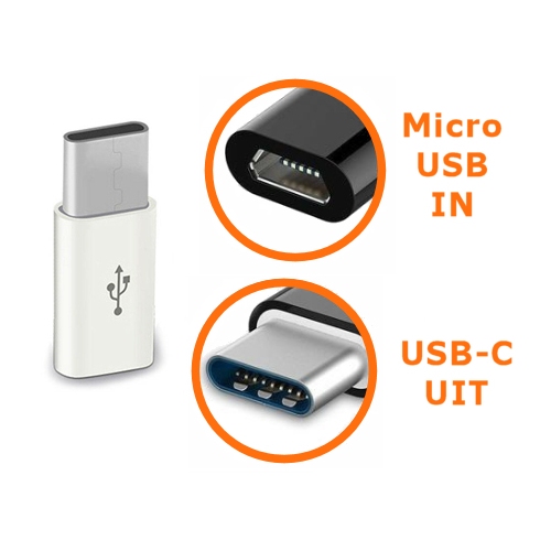 Witte connector van Micro USB naar USB-C ingang adapter verloopje Witte connector van Micro USB naar USB-C ingang adapter verloopje