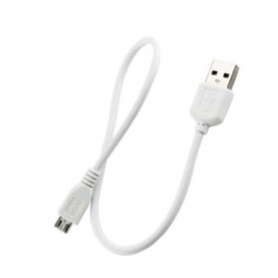 Korte witte handige kabel met aan de ene kan USB aansluiting en aan de andere kant Micro USB aansluiting