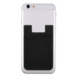Zwarte zelfklevende houder voor een pasje voor op de achterkant van de smartphone of telefoon