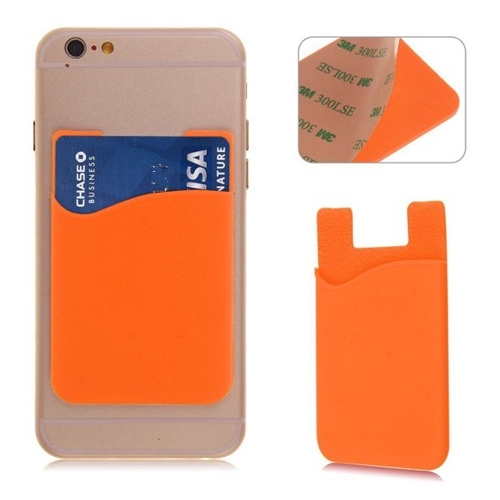 Zelfklevende oranje houder voor pasjes voor op de achterkant van de smartphone Zelfklevende oranje houder voor pasjes voor op de achterkant van de smartphone