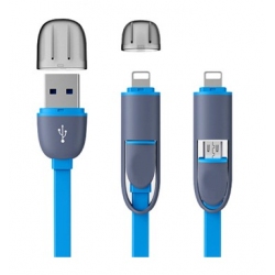 Twee in een oplaad kabel met lightning aansluiting en Micro USB aansluiting in het blauw