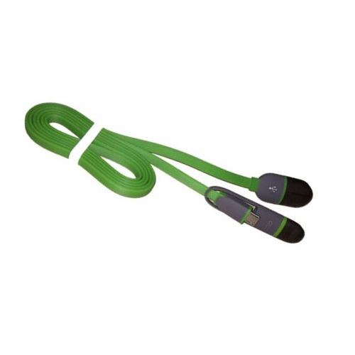  	Groene twee in een oplaad kabel met lightning aansluiting en Micro USB aansluiting