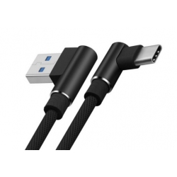 Zwarte USB C kabel met connectoren in een haakse hoek